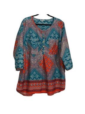 MPH Collection Womens 2X Boho Tunic Top Multicolor Paisley Print Button Front